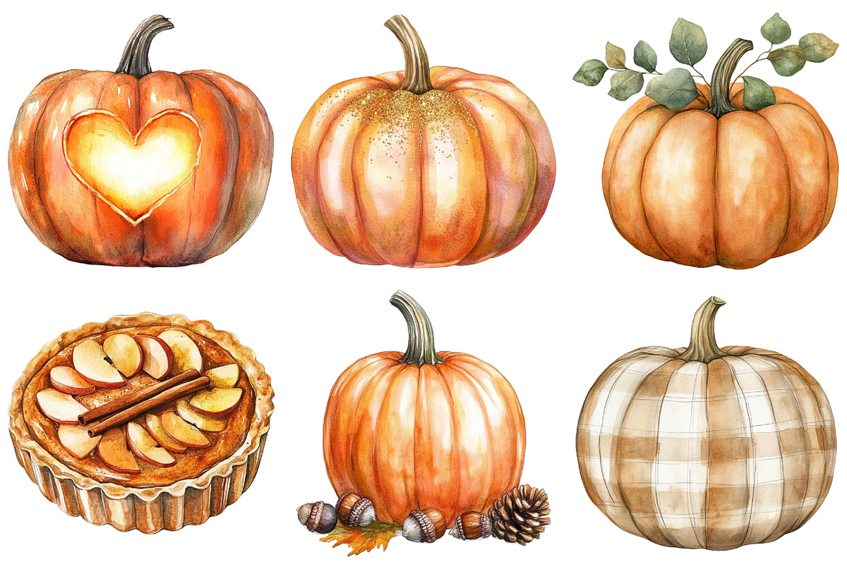 Watercolor Fall Pumpkin Clipart, an Illustration by Craft Nest (Photo 4 of 6)
