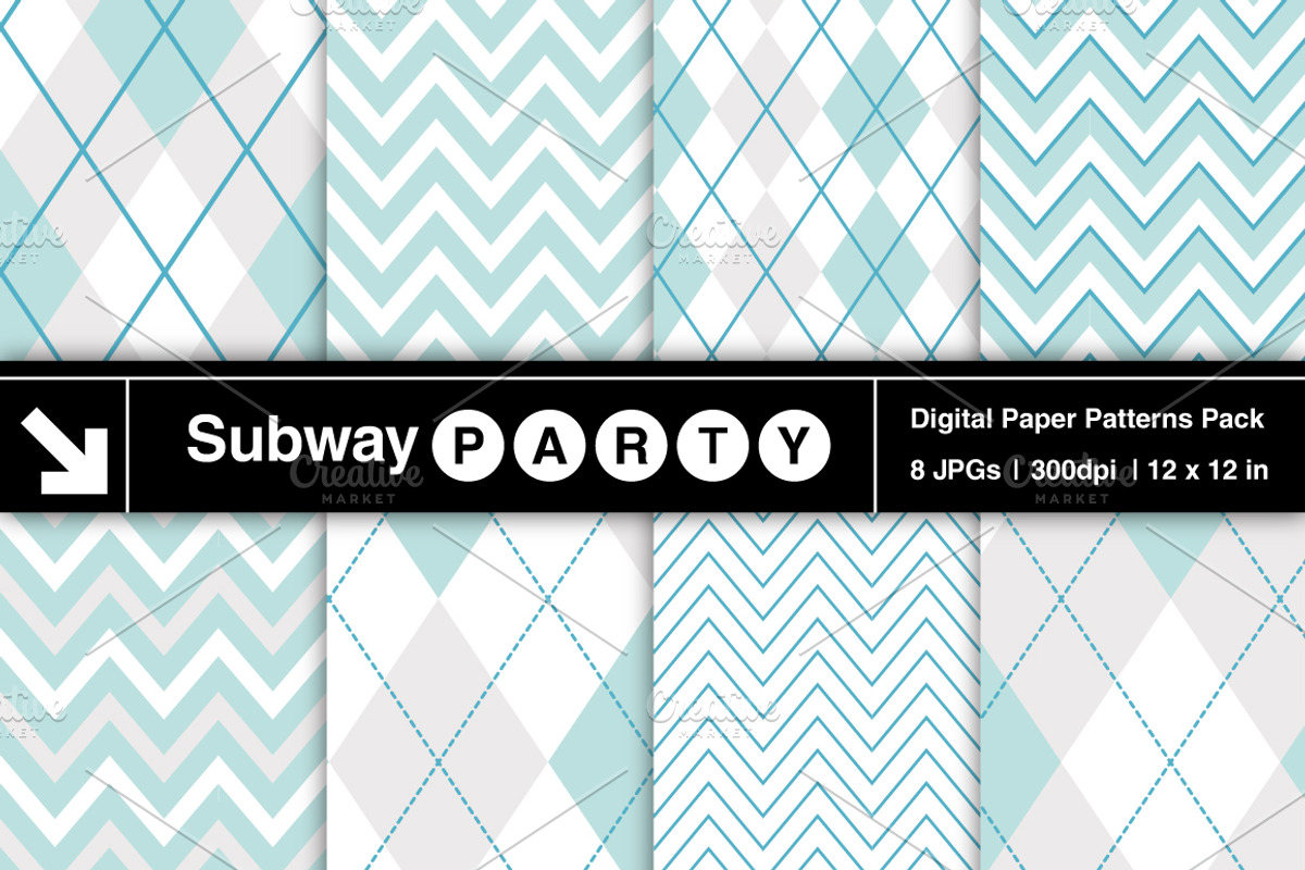 Aqua Blue & White Chevron & Argyle