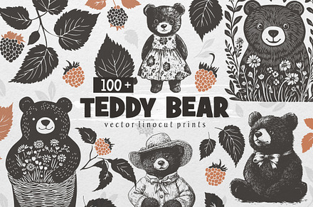 100 Teddy Bear linocut prints, an Object Graphic by DariSmartArt
