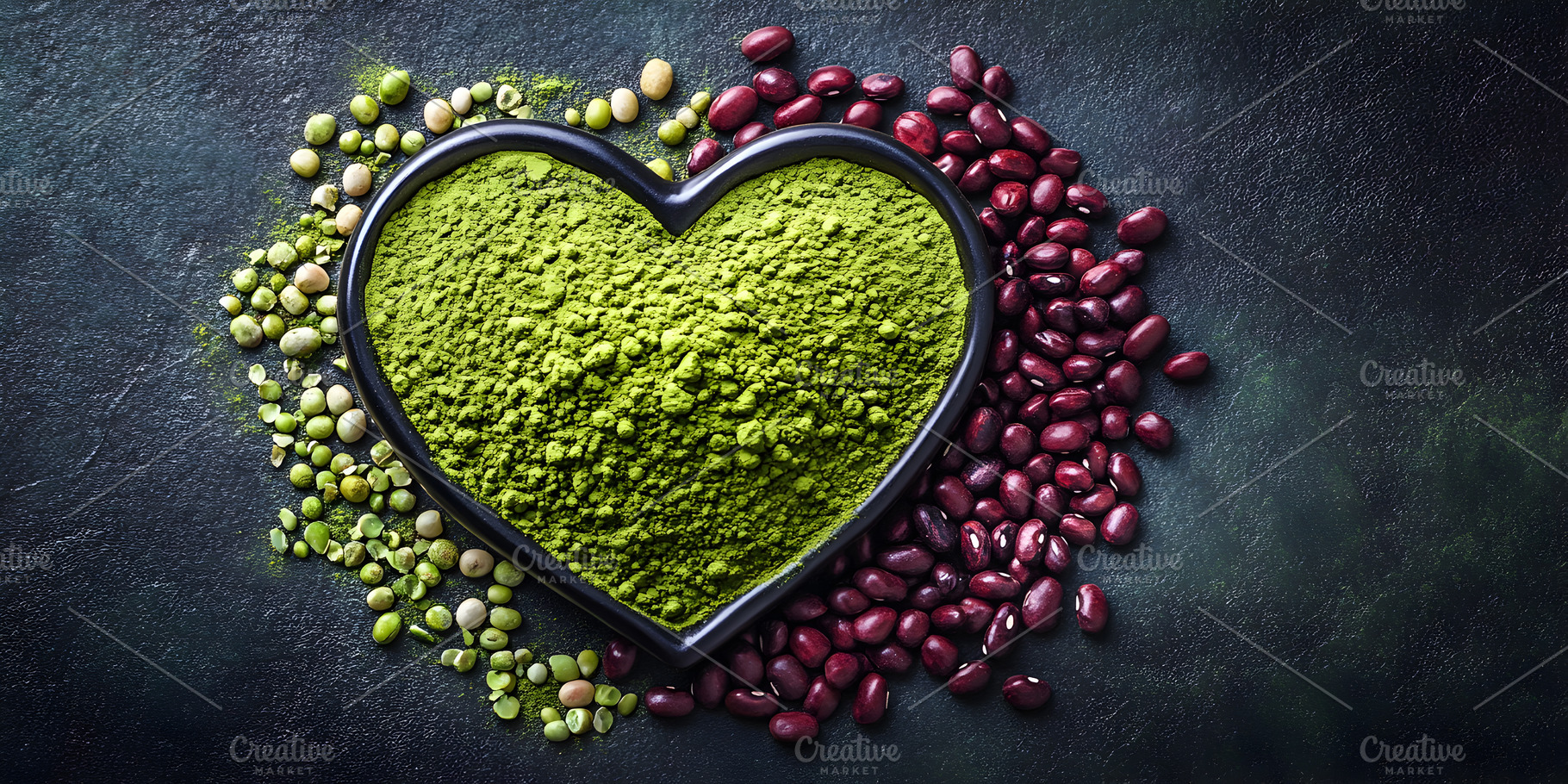 Green protein powder and legumes in heart bowl, a Food & Drink Photo by Photostock