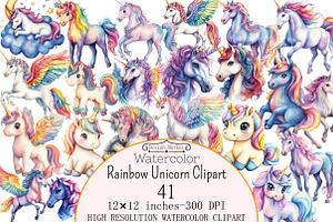 Watercolor Rainbow Unicorn Clipart