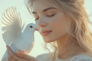 A serene moment: a young woman with light hair gently holds a white pigeon agai, a Person Photo by ImageMir