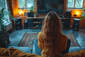 Young woman sitting in a cozy apartment with modern decor and warm lighting, an Illustration by AS photostudio