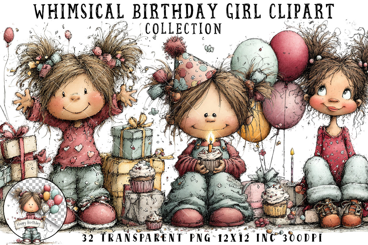 Whimsical Birthday Girl Clipart, an Illustration by OK Design (Photo 1 of 6)