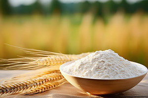 Flour in wooden bowl with wheat ears on field background, a Food & Drink Photo by AlyaAnd