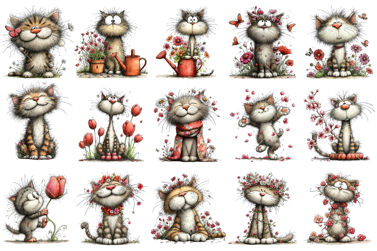 Whimsical Spring Cat Clipart, an Illustration by OK Design (Photo 3 of 6)