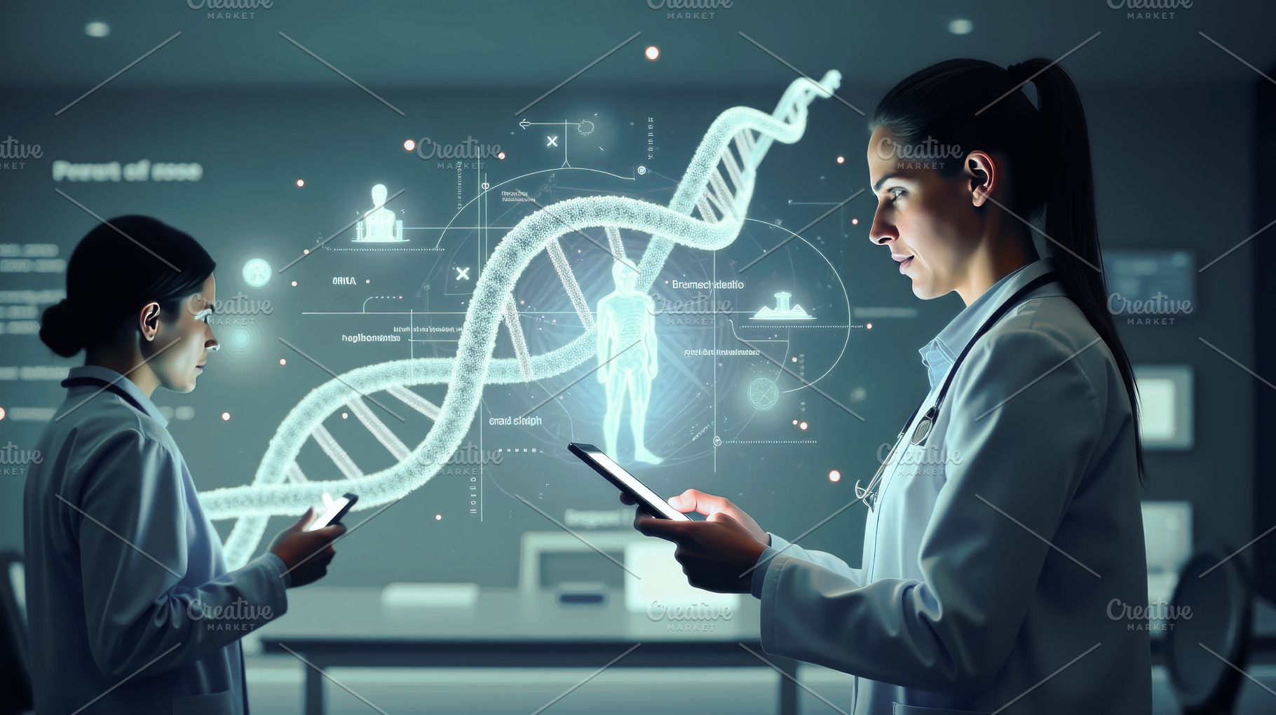 Female scientists analyzing genetic, a Health & Medical Photo by Perpis