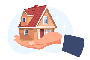 Hand in suit holds house in palm, an Object Illustration by Vectorbuum