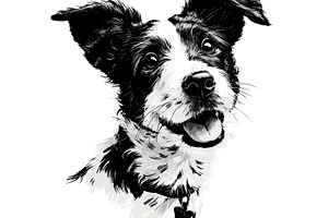 Black and white illustration of a happy dog with perked ears and, an Animal Photo by José Manuel Gelpi
