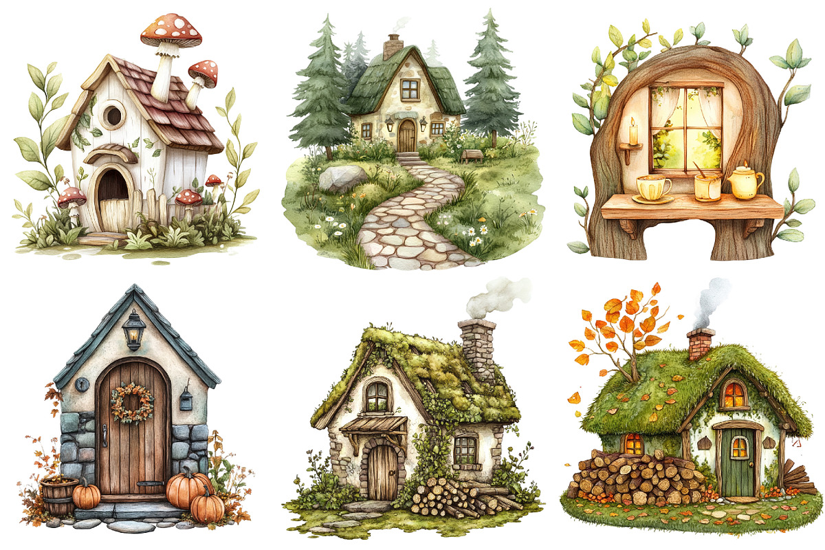 Green Autumn Cottage Clipart, an Illustration by Watercolor design (Photo 5 of 5)