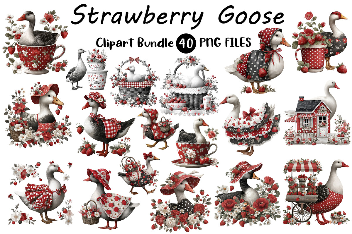 Strawberry Goose Clipart Bundle, an Illustration by Digital Artistic99 (Photo 1 of 9)