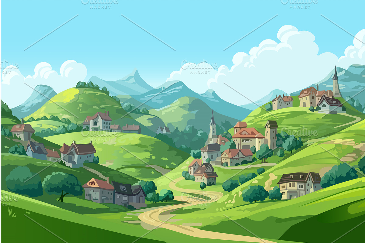Background village in the mountains, an Animal Illustration by Dessign Sells