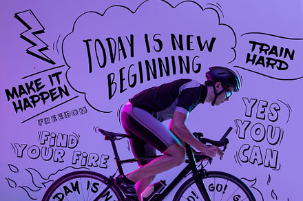 Creative collage with male cyclist riding a bicycle isolated against neon backg, a Sports & Recreation Photo by Volodymyr Melnyk