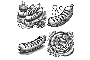 Sausage engraving set vector, a Food Illustration by AlexArt