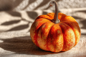 Small orange pumpkin on burlap fabric in warm sunlight with soft, a Holiday Photo by José Manuel Gelpi