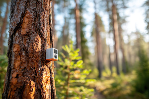 Forest fire detection system installed on tree in a serene forest during daylig, a Photo by AlyaAnd