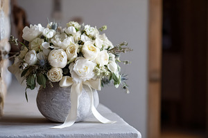 Elegant white roses bouquet with various flowers and thistles in, a Photo by Studio ANNA