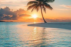 Sunset over serene island with palm trees and calm ocean waters, a Nature Photo by AlyaAnd