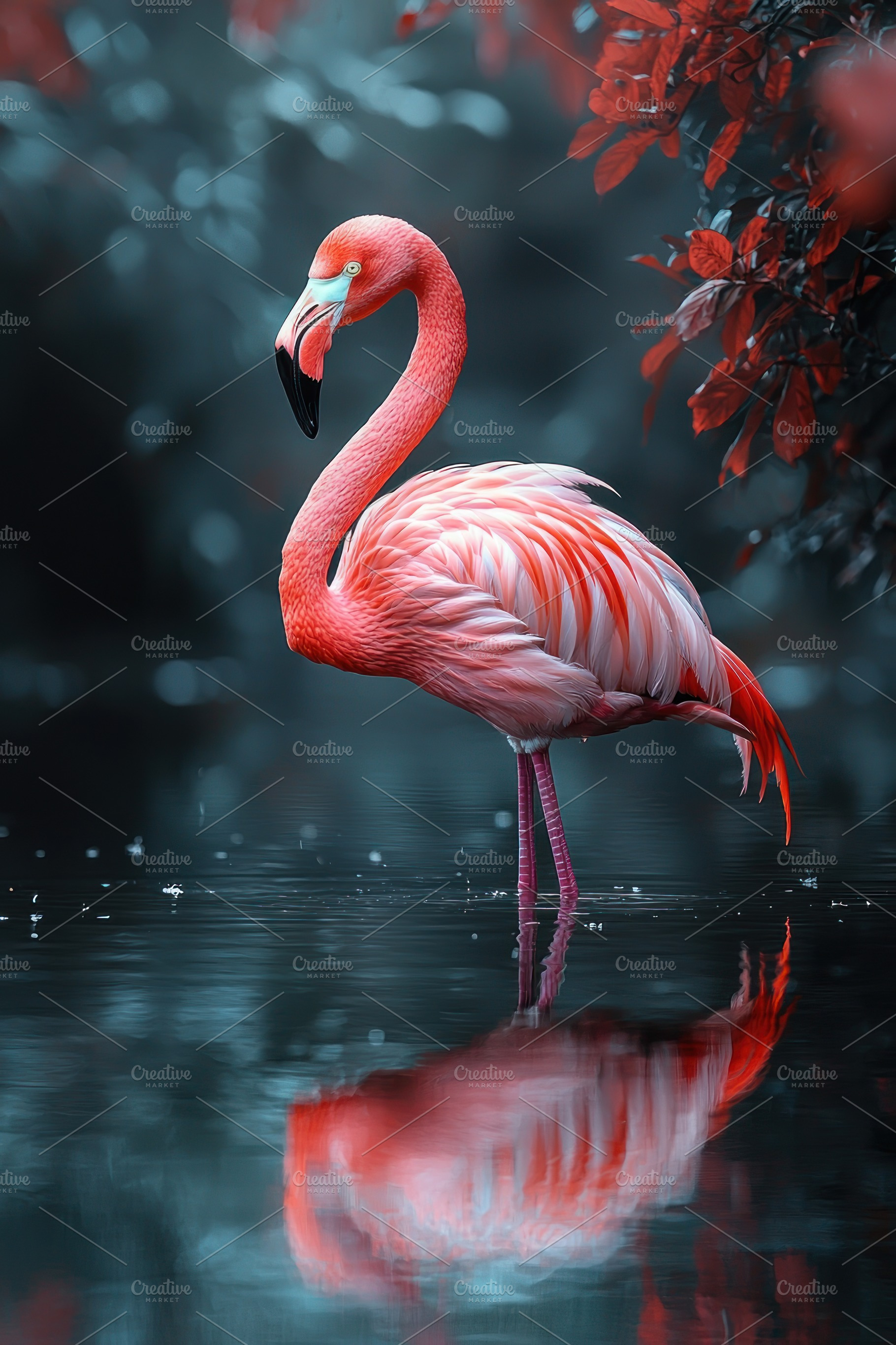 Elegant pink flamingo standing in tranquil reflective water with, an Animal Photo by José Manuel Gelpi
