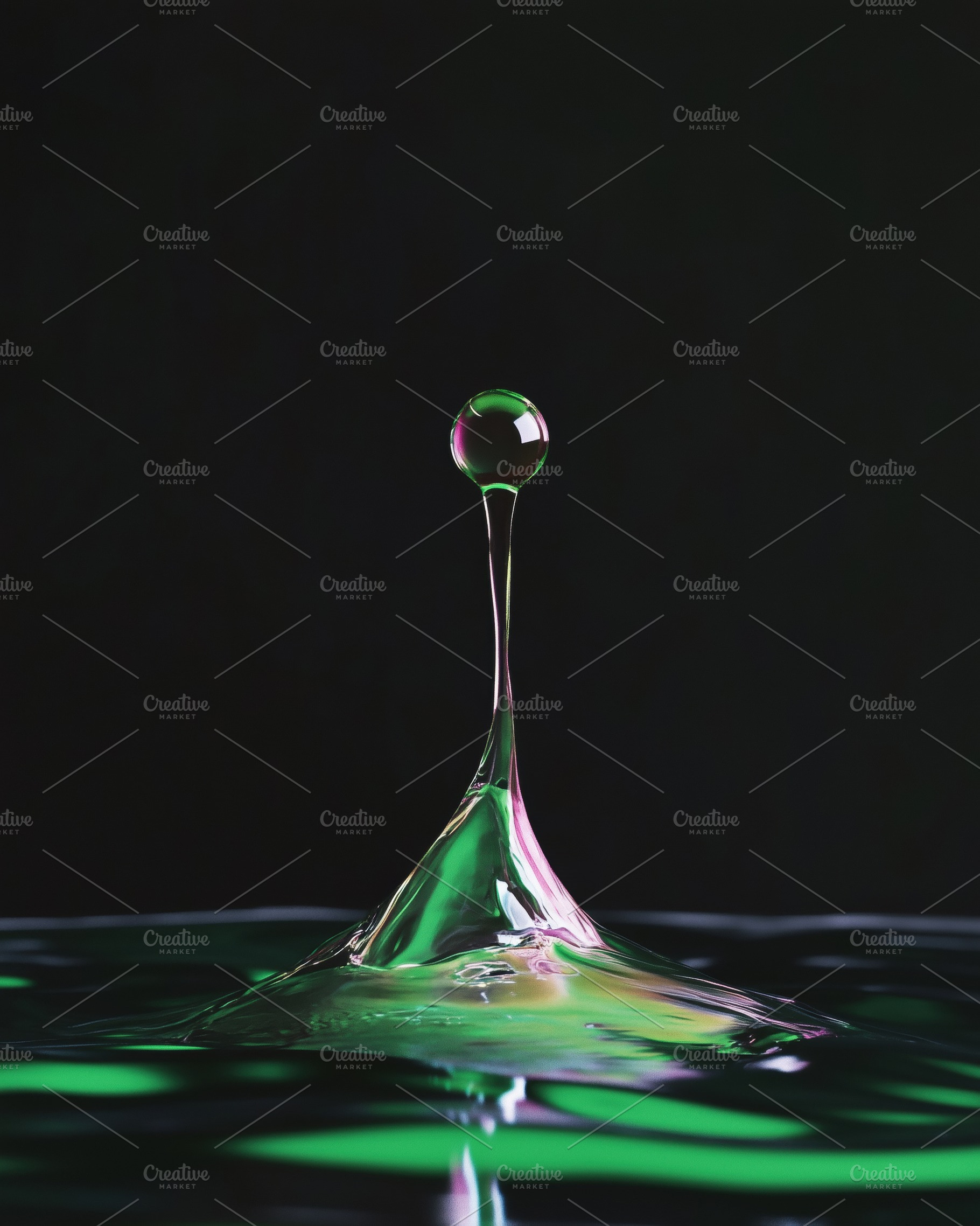 A close-up of a water droplet creating a splash, with vibrant green and purple, a Photo by Textures & Backgrounds