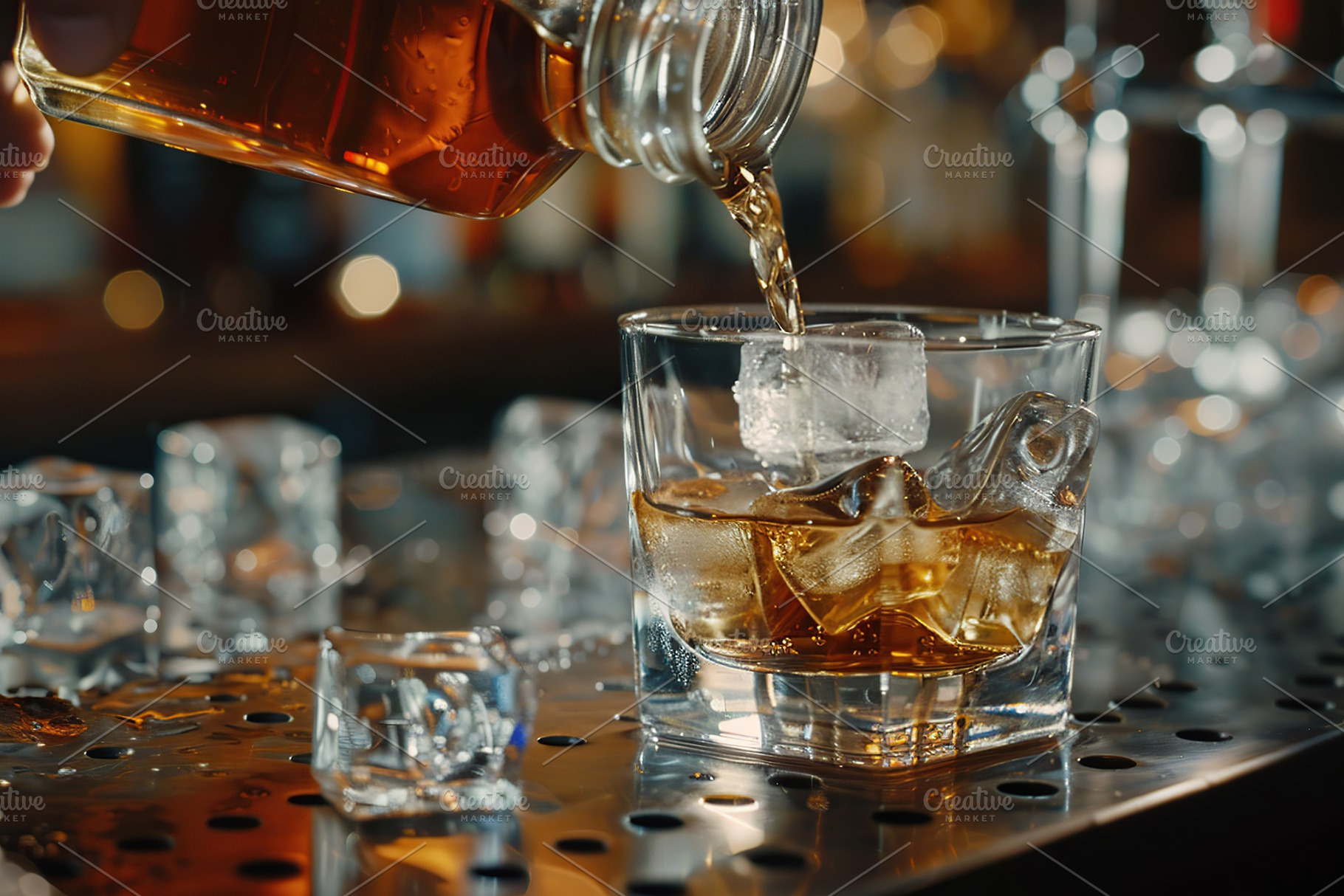 Pouring scotch whiskey from bottle into glass on blurred bar background, a Food & Drink Photo by AlyaAnd