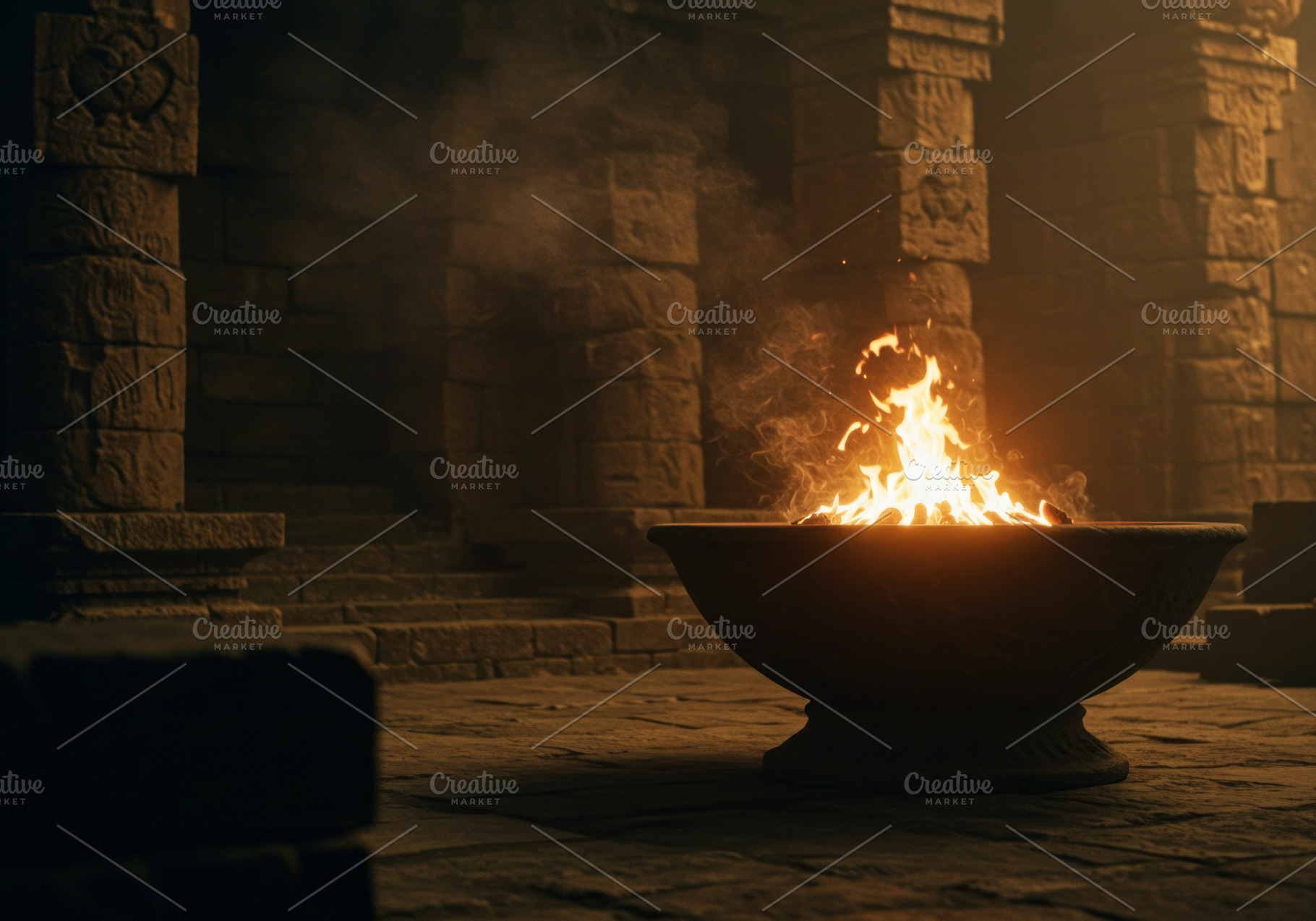 Ancient stone temple with a burning, a Background Photo by professorinc