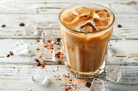 Glass of iced coffee on wooden table, a Food & Drink Photo by AlyaAnd