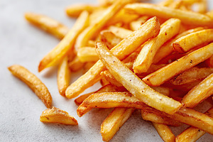 Crispy golden french fries served on a clean, white surface at a casual dining, a Food & Drink Photo by AlyaAnd