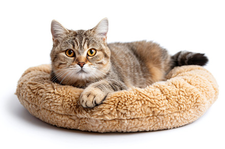 Cute cat lying on soft dog bed on white background, an Animal Photo by AlyaAnd
