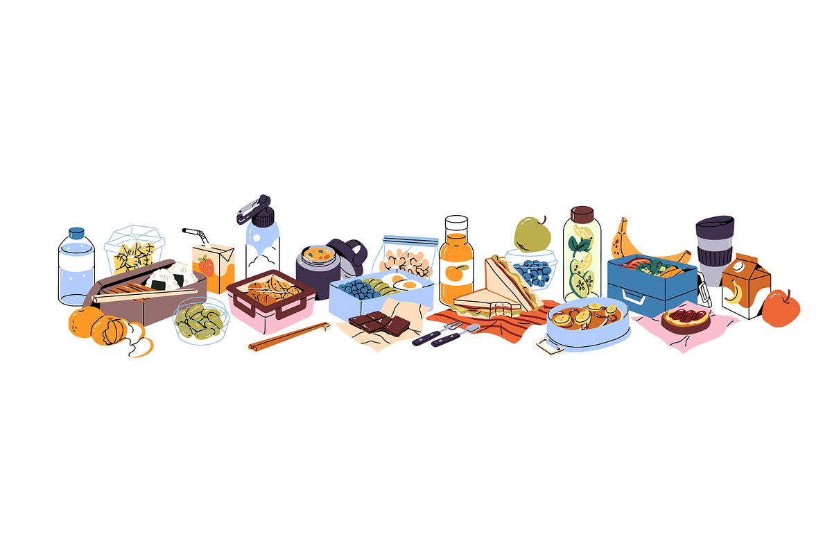 Lunchbox with food, drinks set, a Food Illustration by PaperTrident (Photo 2 of 15)