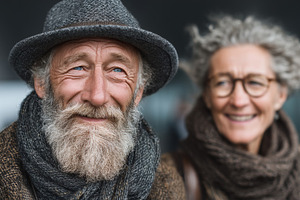 Senior couple smiles outdoors on a travel day wearing scarf and hat, a Photo by AS photostudio
