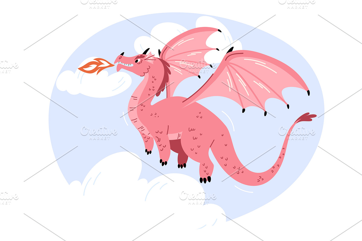 Flying dragon with wings and fire, an Animal Illustration by Vectorbuum