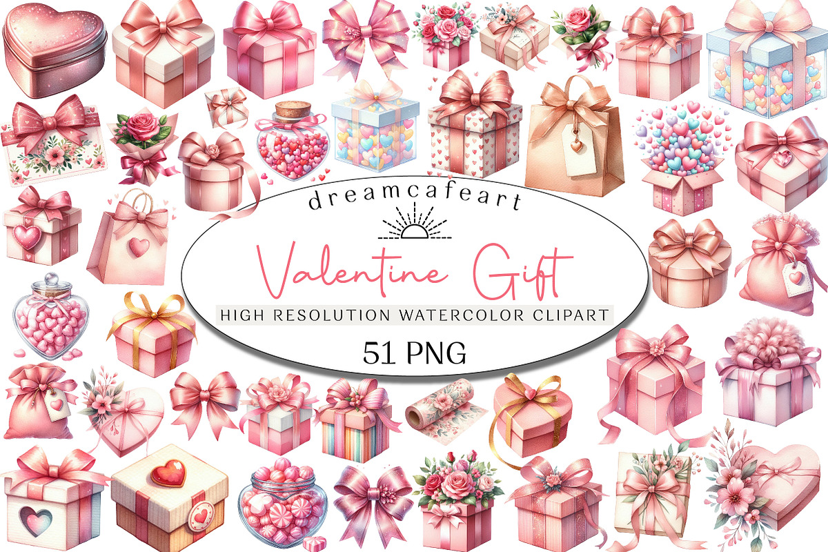 Watercolor Valentine Gift Clipart, an Illustration by DreamCafeArt (Photo 1 of 6)