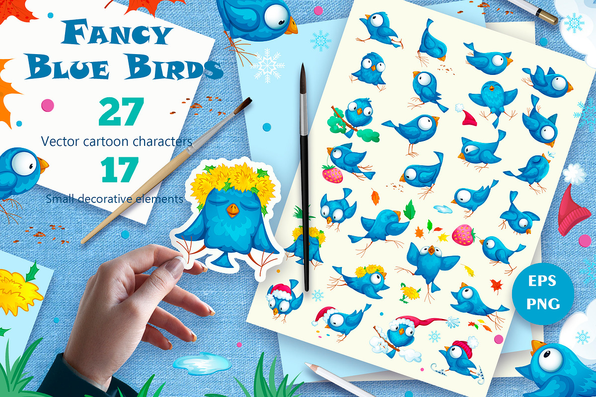 Fancy Blue Birds Big set. Characters, a Food Illustration by Maycat_store (Photo 1 of 6)