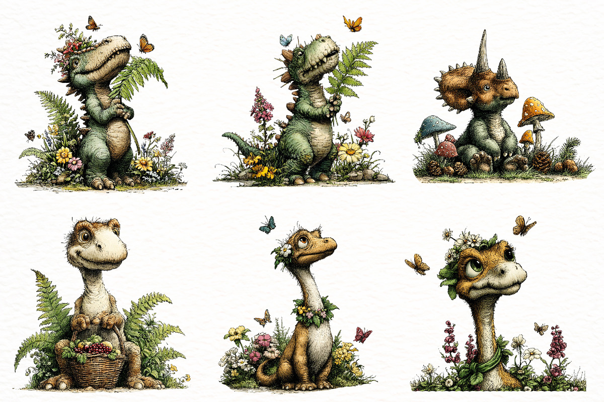Whimsical Woodland Dinosaur Clipart, a Seasonal Illustration by Designworld (Photo 2 of 8)