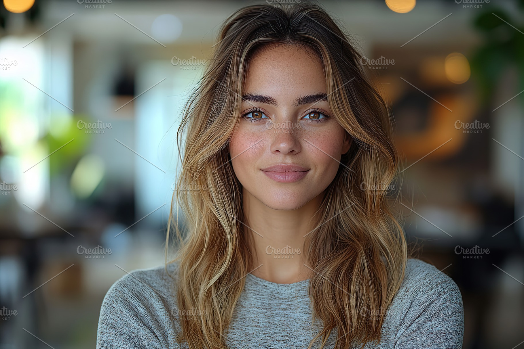 Portrait of cute woman on blurred living room background, a Person Photo by AlyaAnd