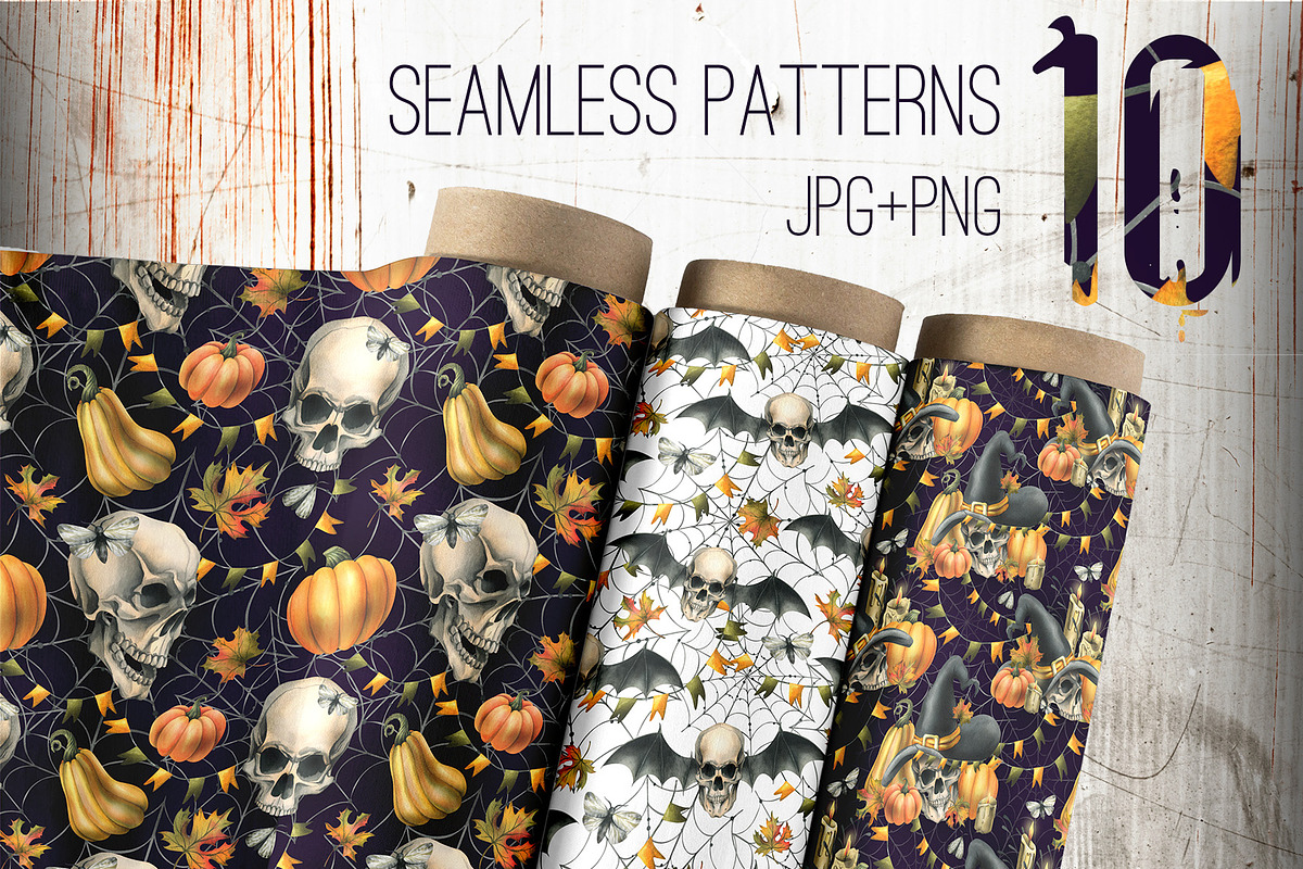 Halloween Skulls Seamless Patterns, an Illustration by NATASHA CHU (Photo 2 of 8)