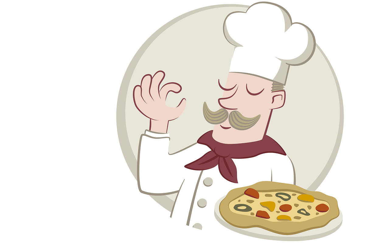 Chef showing off a delicious pizza, an Illustration by javi.ruiz
