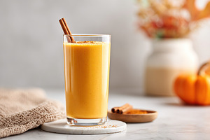 Refreshing pumpkin smoothie with cinnamon in a cozy autumn setting on a marble, a Photo by AlyaAnd