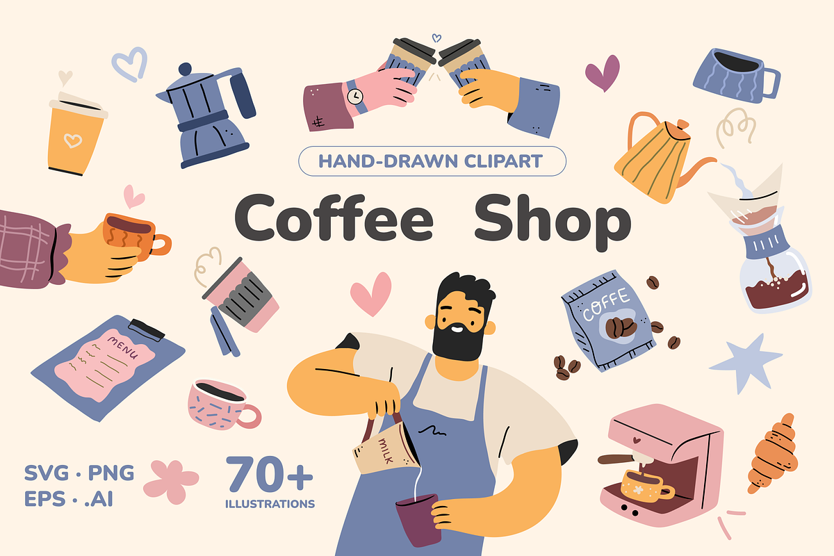 Coffee Shop Hand Drawn Clipart, a Decorative Illustration by Heartwarming Art (Photo 1 of 9)