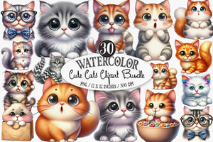 Watercolor Cute Cats Clipart Bundle, an Illustration by Designking