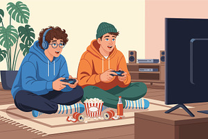 Teenagers playing video games, a Photo by angellodeco