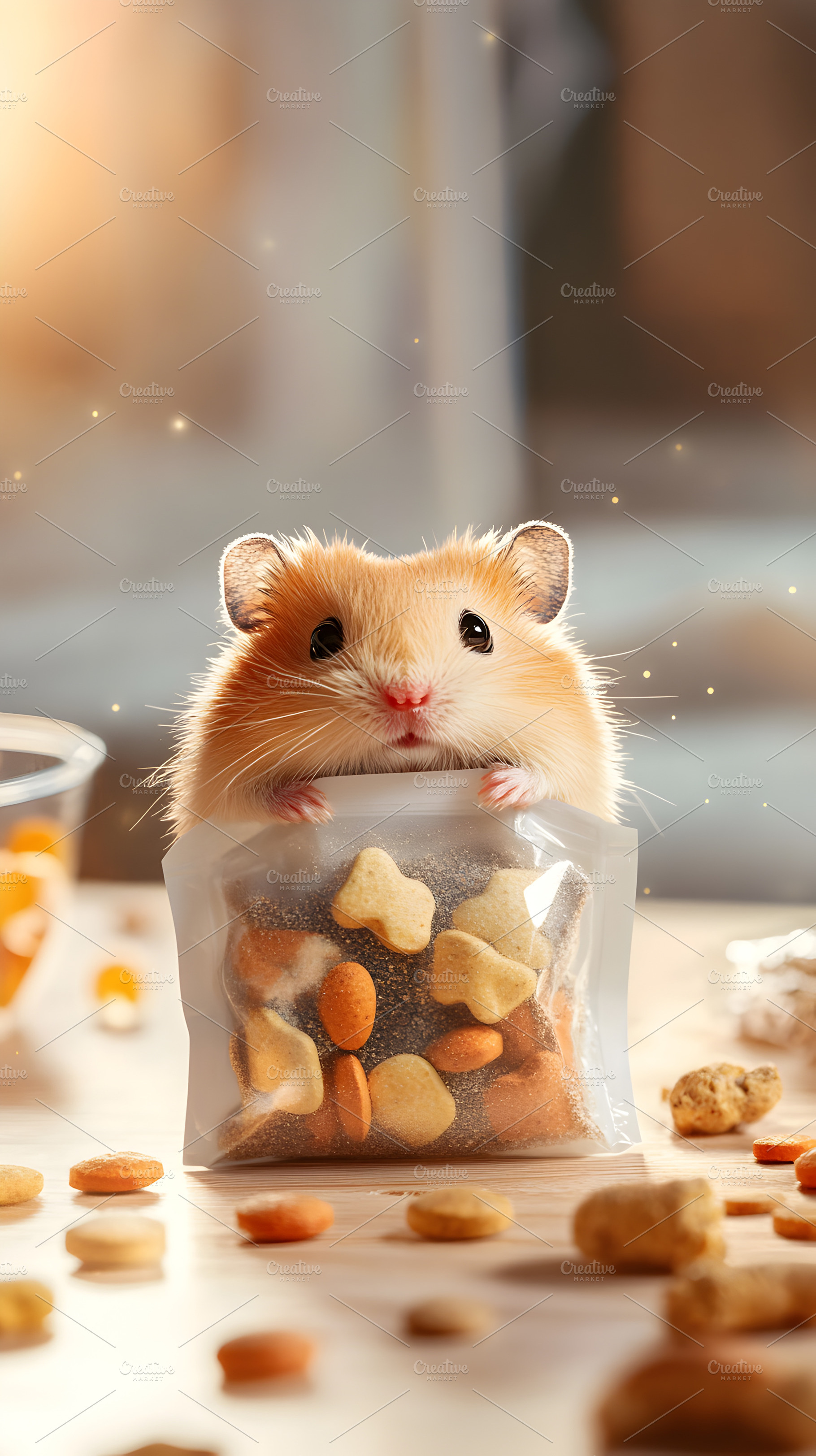 Cute hamster with a snack bag of treats, an Animal Photo by Photostock
