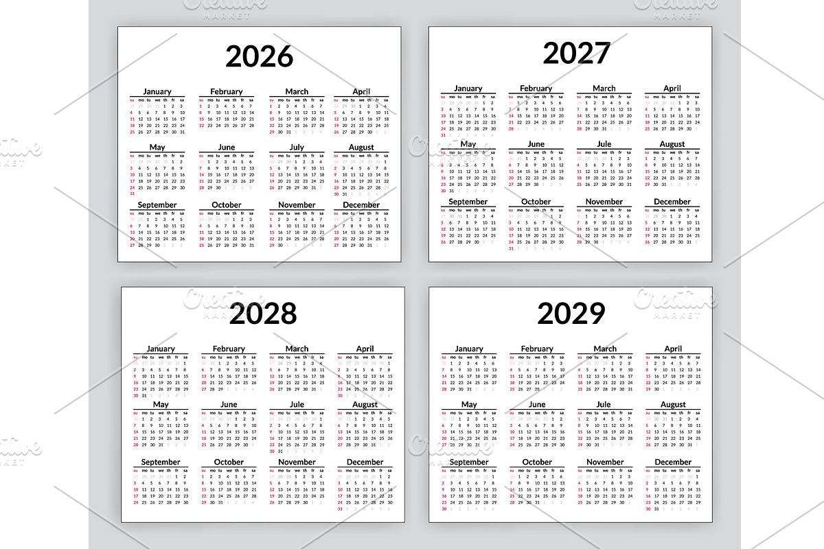 2026, 2027, 2028 and 2029 calendar, a Finance Illustration by the8monkey