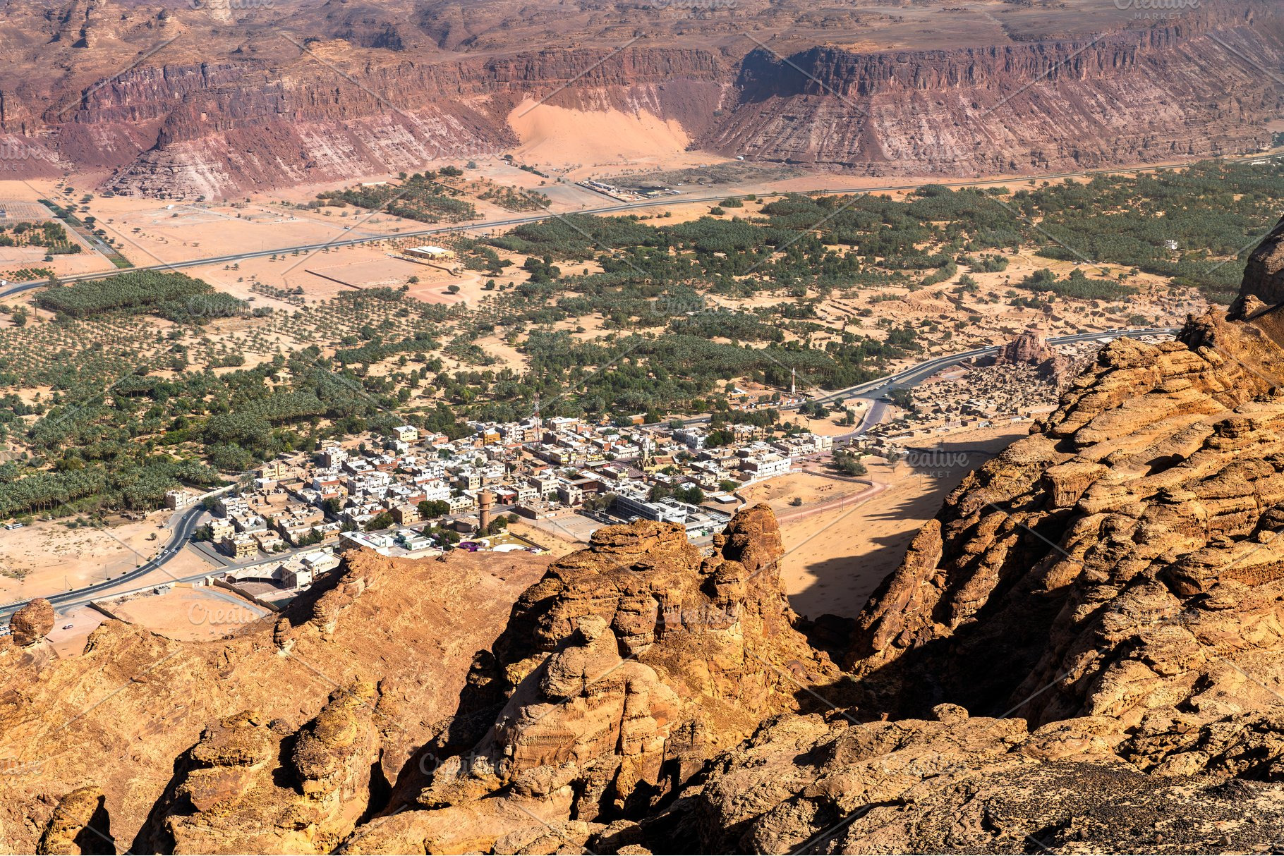Aerial view of the Al Ula oasis from Harrat Viewpoint, a Nature Photo by Leonid Andronov