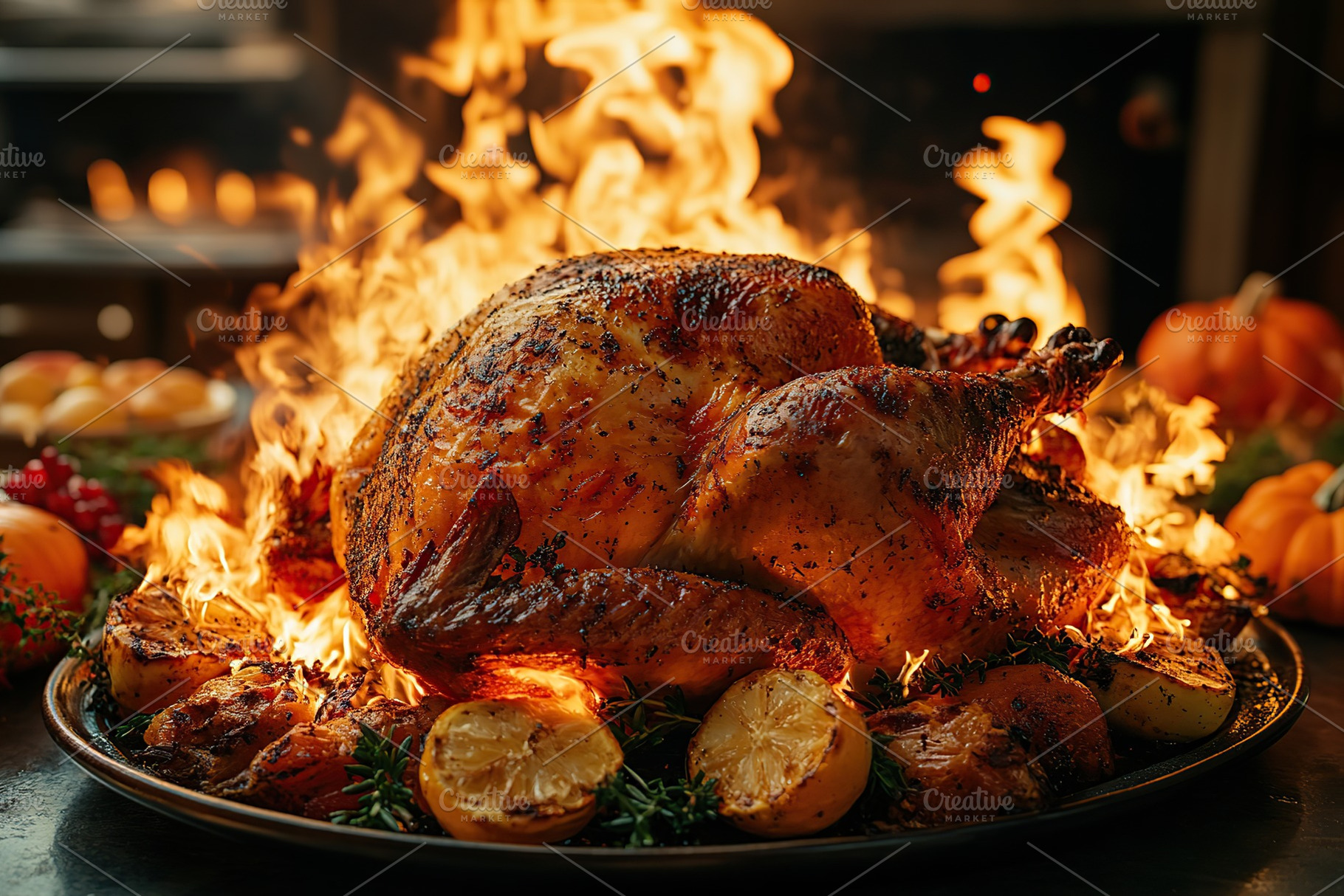 Tasty and garnished roasted turkey in plate on wooden table. Thanksgiving day, a Food & Drink Photo by AlyaAnd