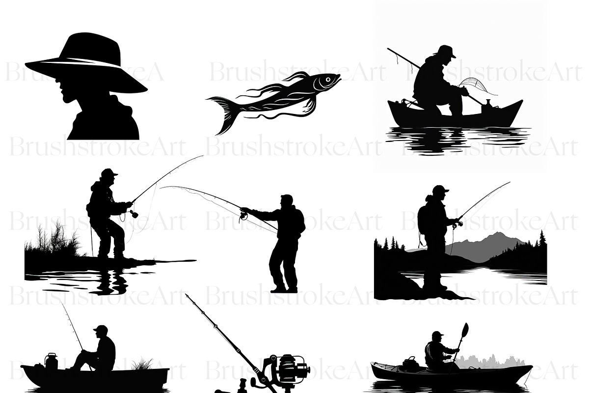 Fishing Silhouette Clipart, Line Art, an Illustration by BrushstrokeArtGB (Photo 4 of 9)