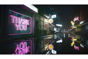 Neon-lit urban street at night with, an Illustration by tilialucida