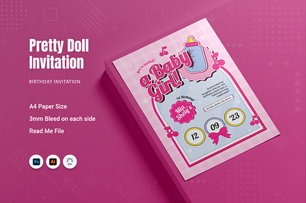 Pretty Doll Birthday Invitation, an Invitation Template by Fannan Studio