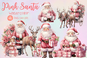 Pink Santa Watercolor Clipart Set, a Seasonal Illustration by Maysa Art